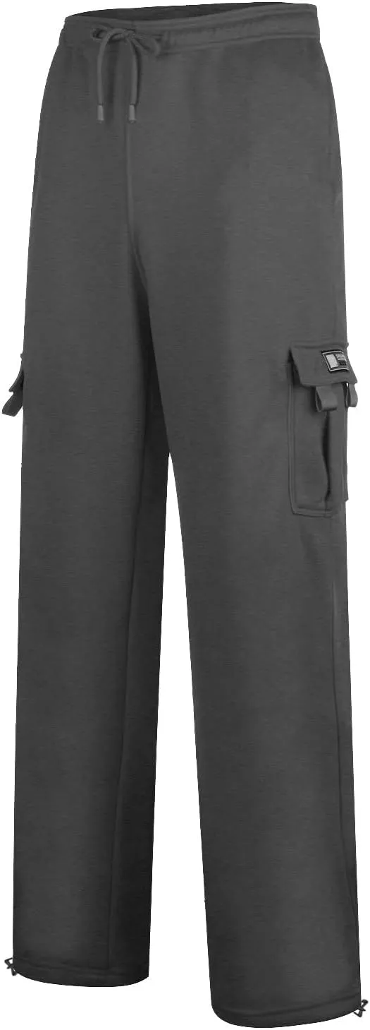 Mens Casual Fleece Cargo Sweatpants Athletic Trousers Elastic Cotton Jogger Straight Leg Pants with Pockets