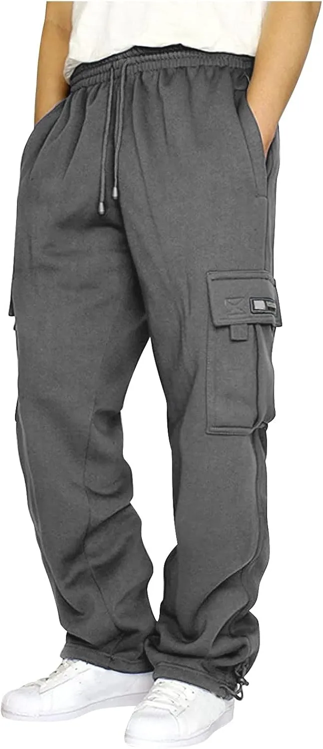 Mens Casual Fleece Cargo Sweatpants Athletic Trousers Elastic Cotton Jogger Straight Leg Pants with Pockets