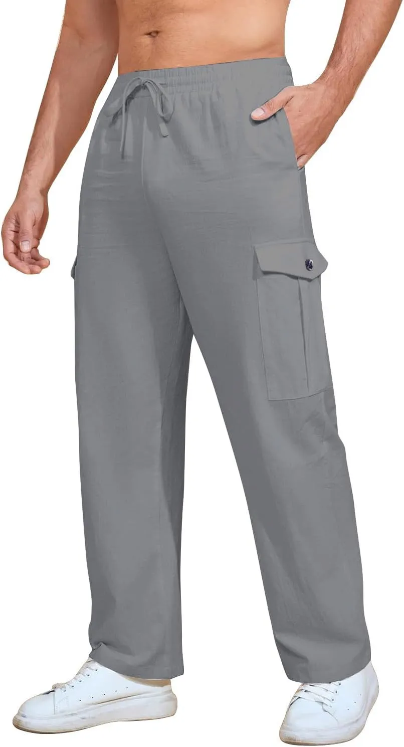 Mens Casual Pants Drawstring Elastic Waist Fleece Baggy Sweatpants Joggers Cargo Straight Leg Trousers with Pockets