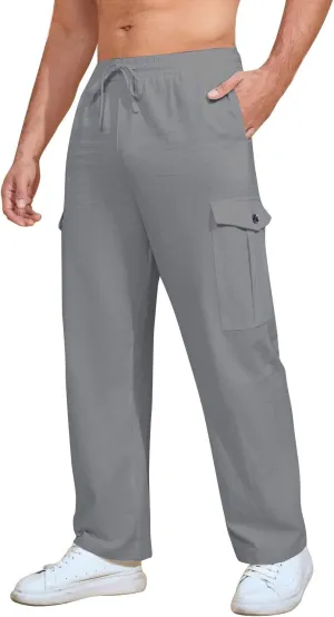 Mens Casual Pants Drawstring Elastic Waist Fleece Baggy Sweatpants Joggers Cargo Straight Leg Trousers with Pockets