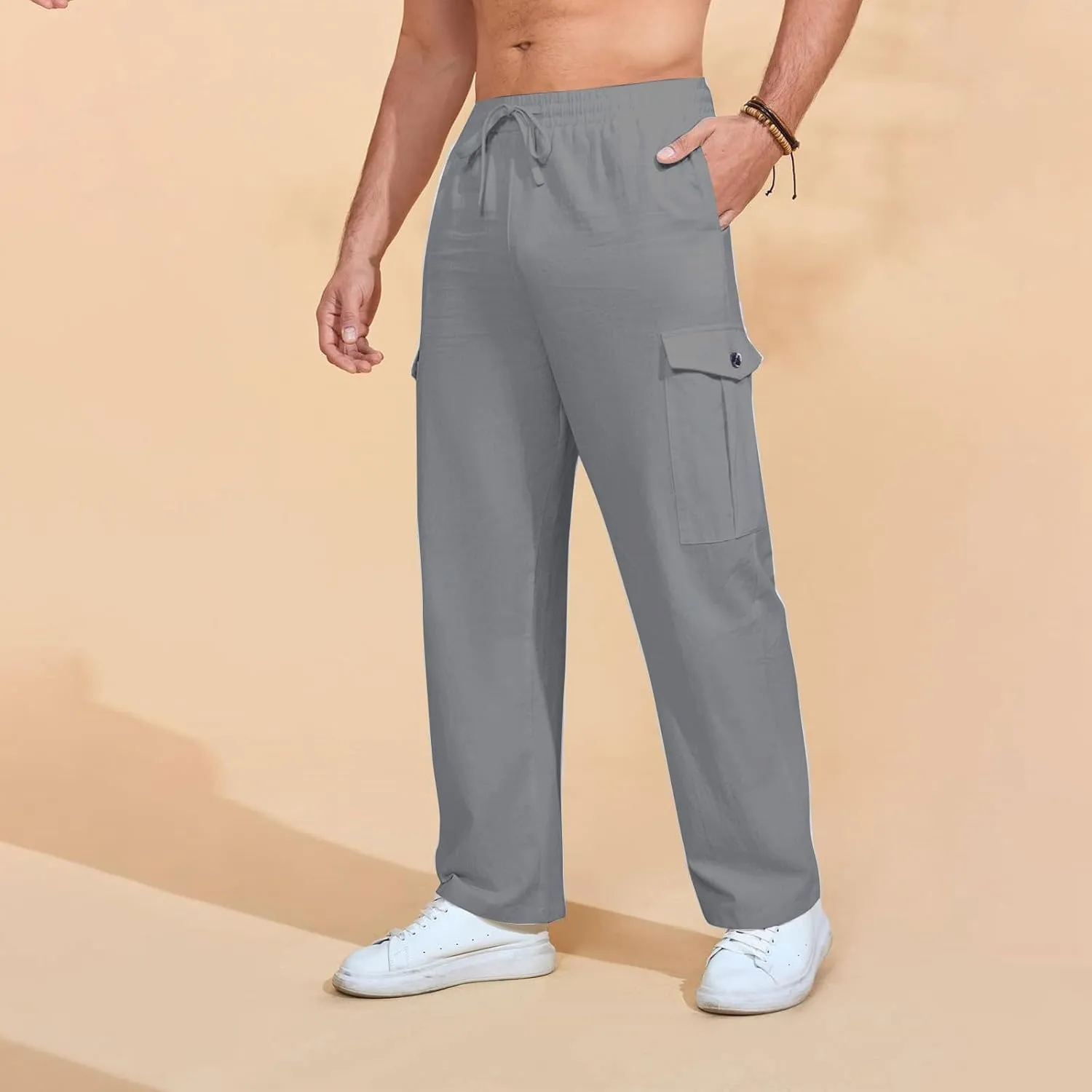 Mens Casual Pants Drawstring Elastic Waist Fleece Baggy Sweatpants Joggers Cargo Straight Leg Trousers with Pockets