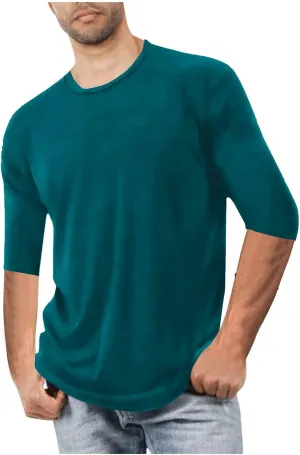 Men's Casual T-Shirts 3/4 Sleeve Crew Neck Athletic Gym Tees Stretch Slim Solid Baggy Sport Fitness Workout Shirts