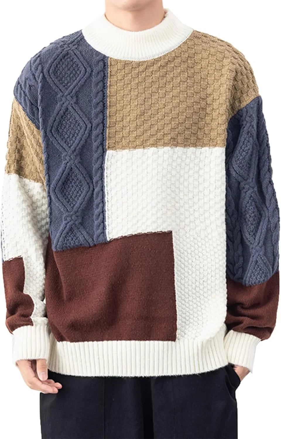 Mens Color Block Sweater Cable Knit Pullover Sweater Textured Sweater Casual Long Sleeve Sweaters Plus Size Pullover