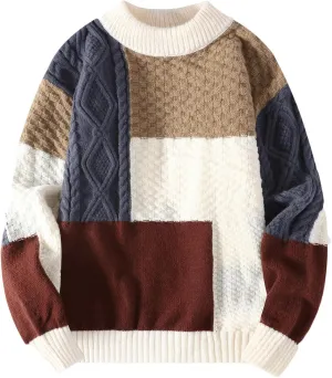 Mens Color Block Sweater Cable Knit Pullover Sweater Textured Sweater Casual Long Sleeve Sweaters Plus Size Pullover