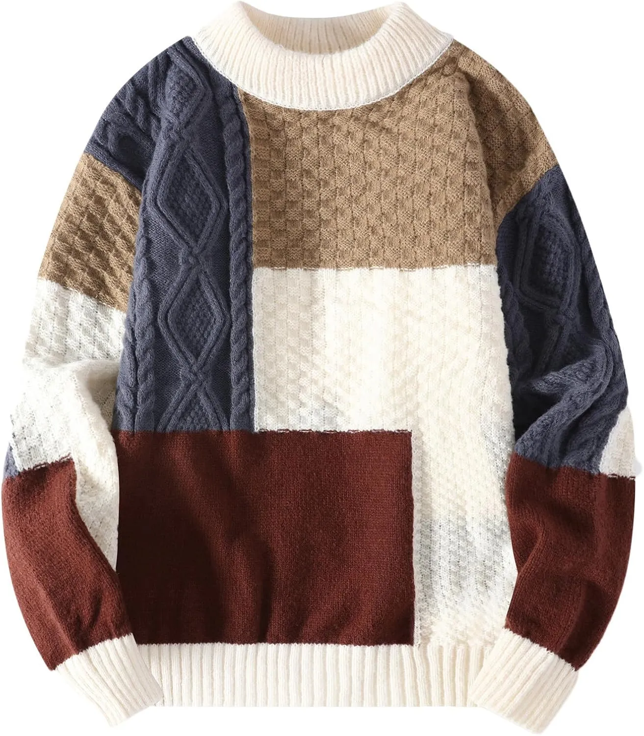 Mens Color Block Sweater Cable Knit Pullover Sweater Textured Sweater Casual Long Sleeve Sweaters Plus Size Pullover