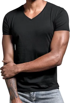 Mens Compression Shirts Stretch V-Neck Short Sleeve Muscle Cut Off Shirts Gym Workout Athletic Active Crewneck Tees