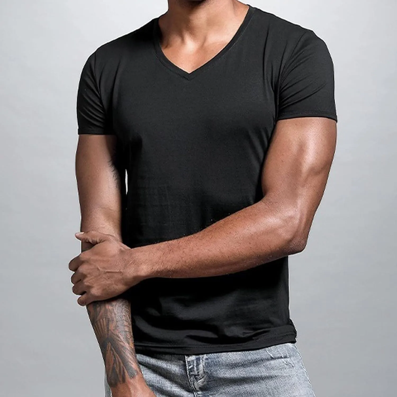 Mens Compression Shirts Stretch V-Neck Short Sleeve Muscle Cut Off Shirts Gym Workout Athletic Active Crewneck Tees