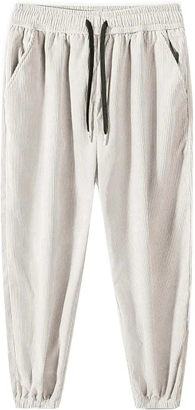 Mens Corduroy Pants Drawstring Elastic Waist Joggers Sweatpants Casual Relaxed Fit Athletic Harem Pants with Pockets