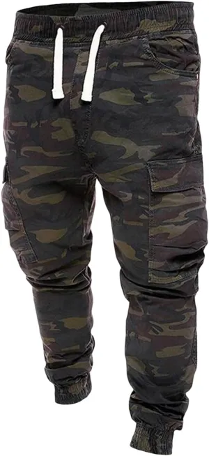 Mens Cotton Camo Cargo Pants Elastic Waist Multi Pockets Cargos Joggers Cinch Bottom Work Pants for Men Relaxed Fit