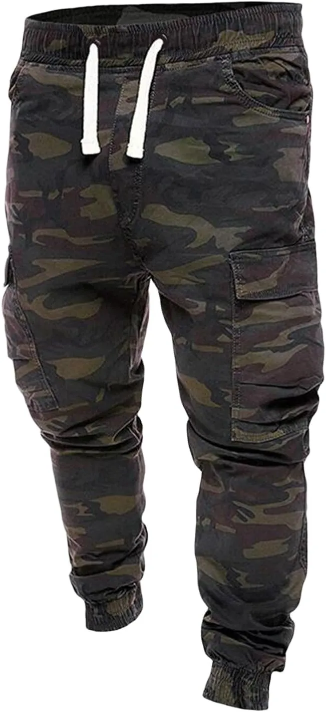 Mens Cotton Camo Cargo Pants Elastic Waist Multi Pockets Cargos Joggers Cinch Bottom Work Pants for Men Relaxed Fit