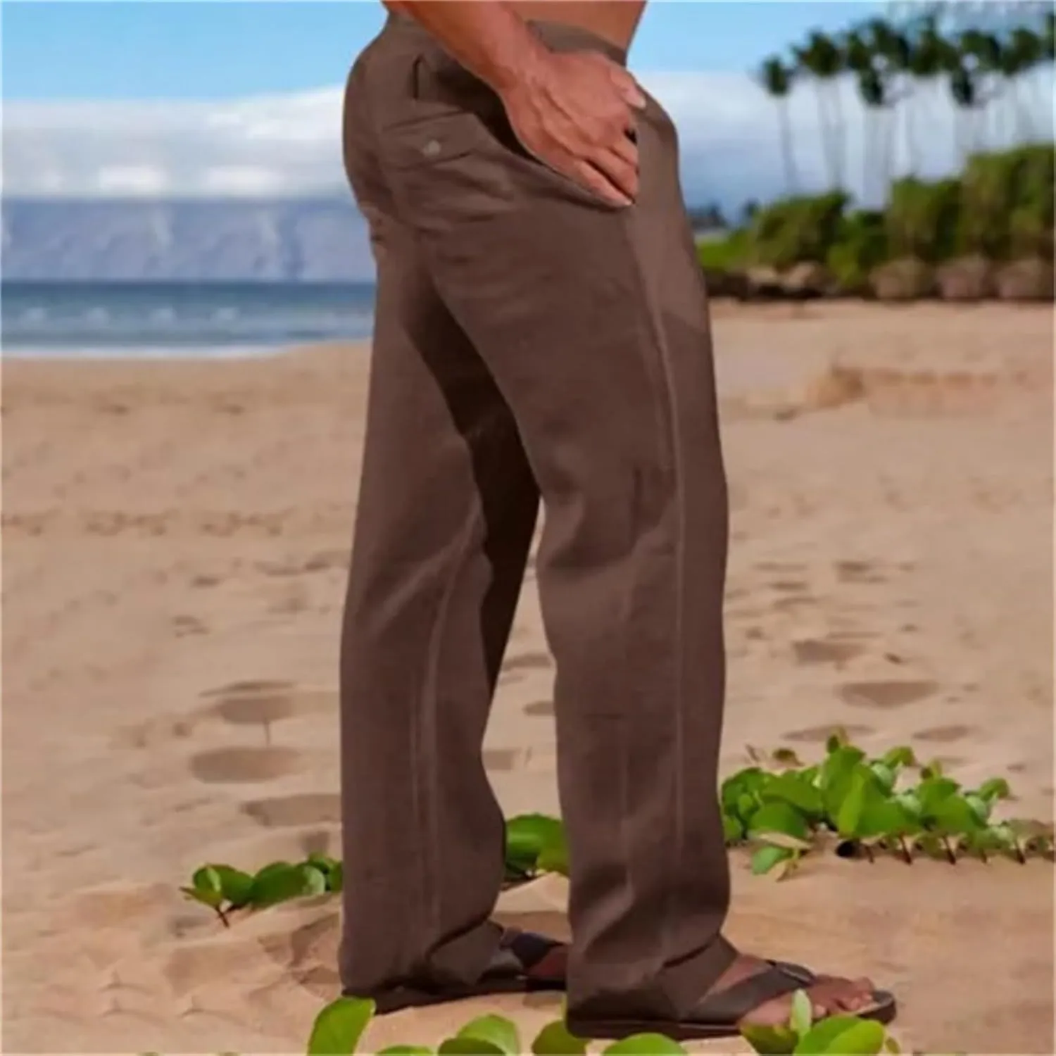 Men's Cotton Linen Pants Solid Color Baggy Trousers Drawstring Stretchy Pants Straight Leg Yoga Trousers for Vacation