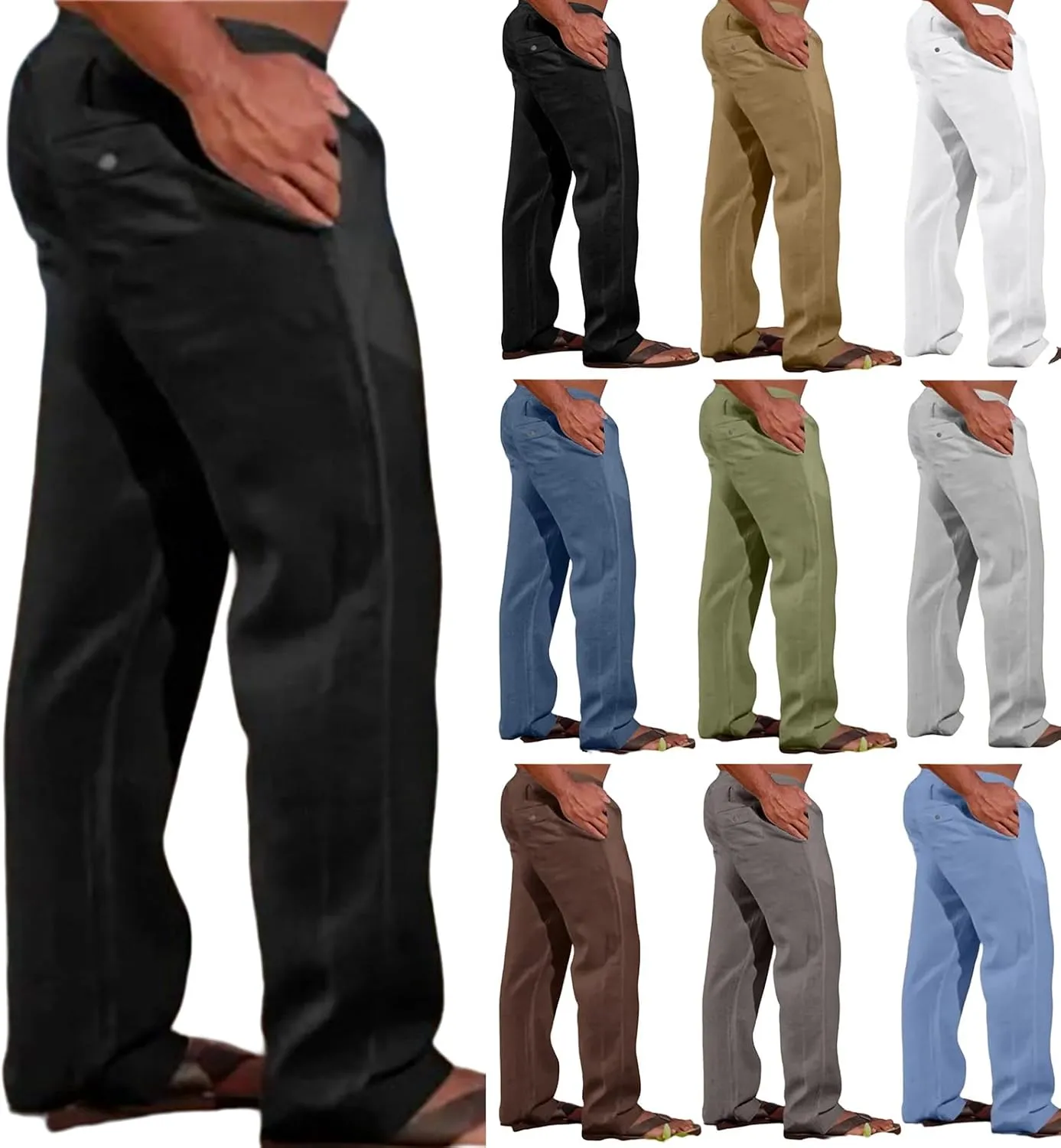 Men's Cotton Linen Pants Solid Color Baggy Trousers Drawstring Stretchy Pants Straight Leg Yoga Trousers for Vacation