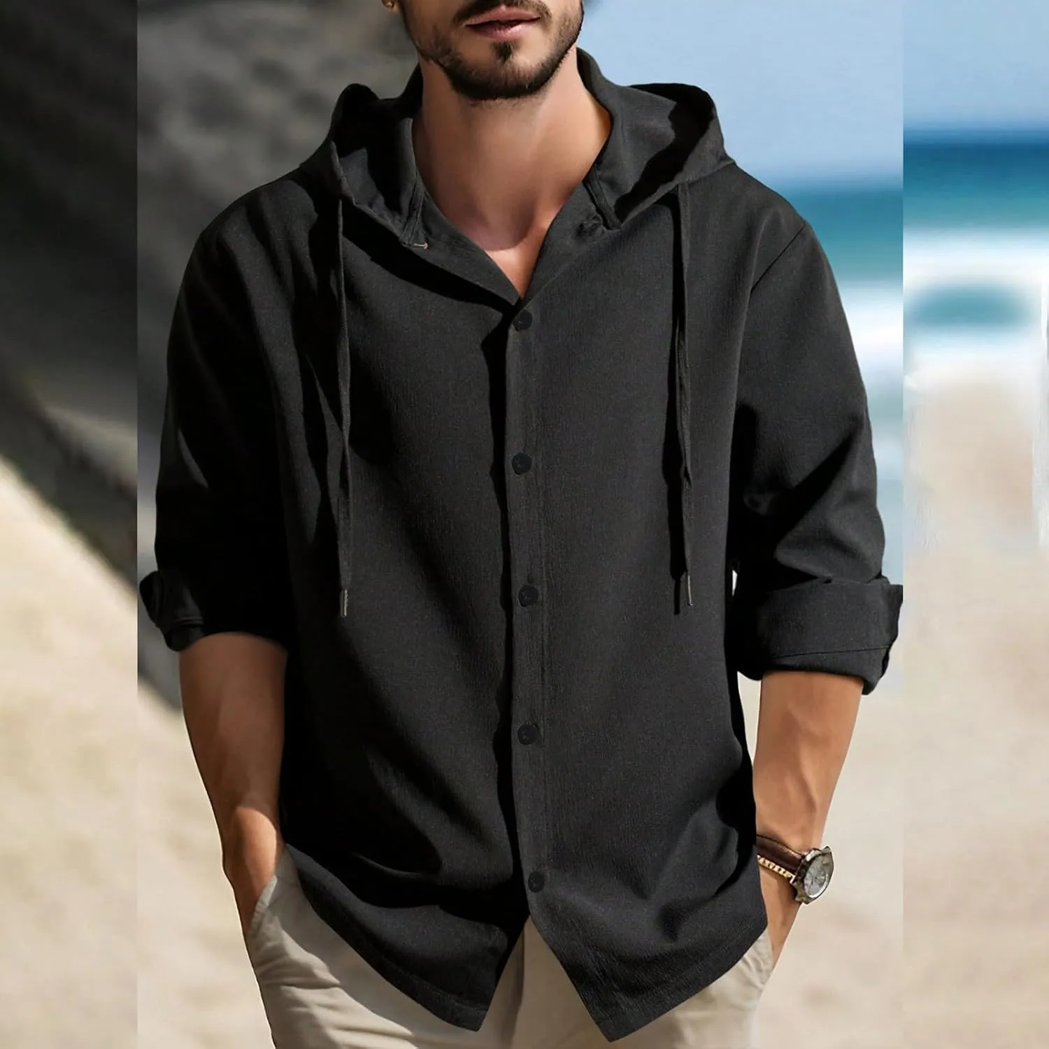 Mens Cotton Linen Shirts Button Down Long Sleeve Hoodies Trendy Pullovers Top Breathabe Quick Dry Beach Tee Shirt