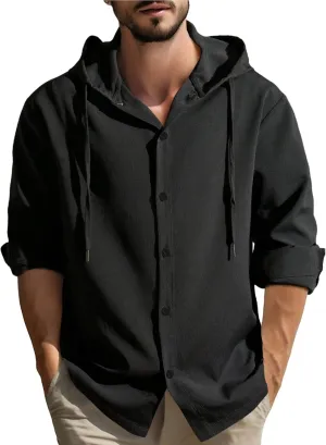 Mens Cotton Linen Shirts Button Down Long Sleeve Hoodies Trendy Pullovers Top Breathabe Quick Dry Beach Tee Shirt