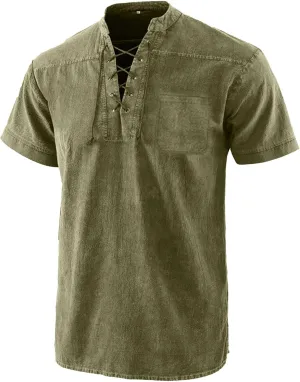 Men's Cotton Linen T-Shirts Short Sleeve V Neck Lace Up Henley Shirts Retro Notch Neck Pullover Shirt Sport Undershirt