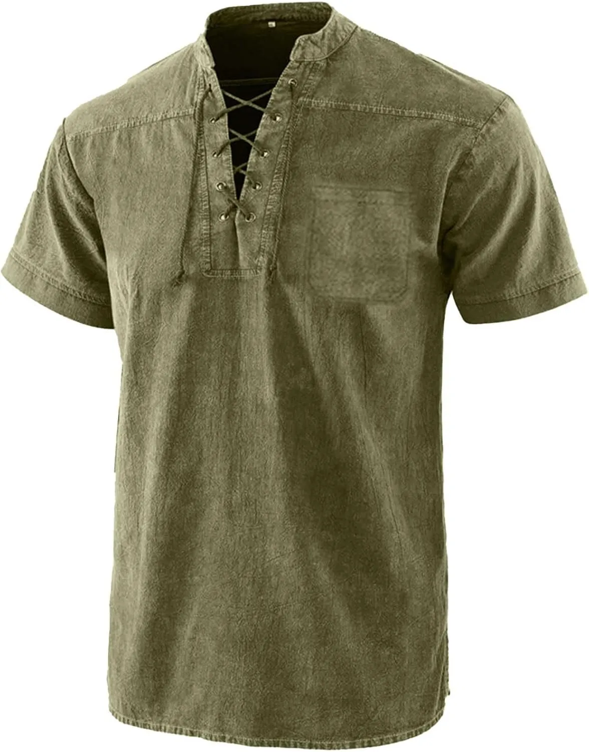 Men's Cotton Linen T-Shirts Short Sleeve V Neck Lace Up Henley Shirts Retro Notch Neck Pullover Shirt Sport Undershirt