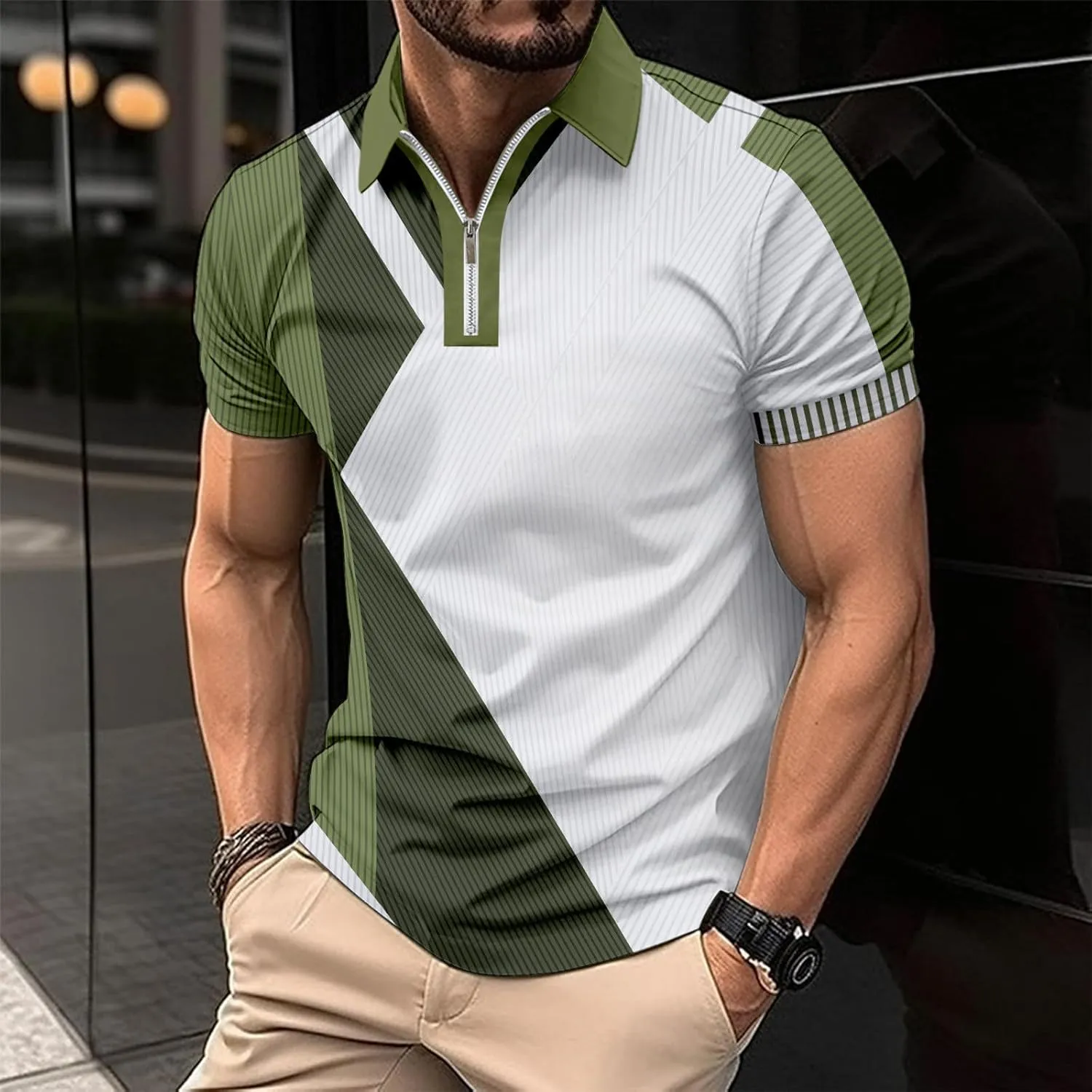 Mens Fashion Polo Shirts Casual Short Sleeve T Shirt Striped Moisture Wicking Golf Shirts Tops Spring Summer Pullover