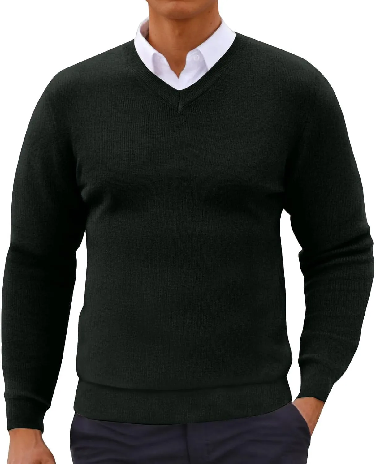 Mens Fashion V Neck Sweaters Lightweight Banded Bottom Long Sleeve Slim Fit Pullover Business Casual Dress Sweater