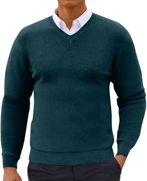 Mens Fashion V Neck Sweaters Lightweight Banded Bottom Long Sleeve Slim Fit Pullover Business Casual Dress Sweater