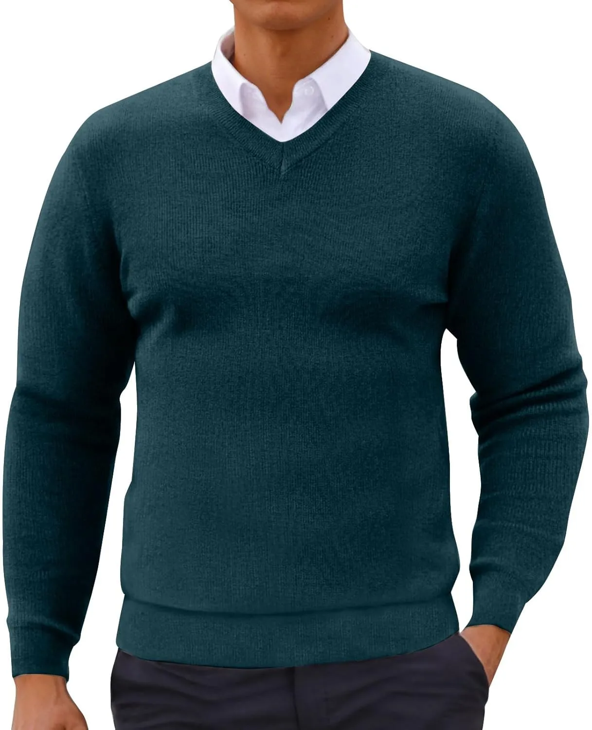 Mens Fashion V Neck Sweaters Lightweight Banded Bottom Long Sleeve Slim Fit Pullover Business Casual Dress Sweater