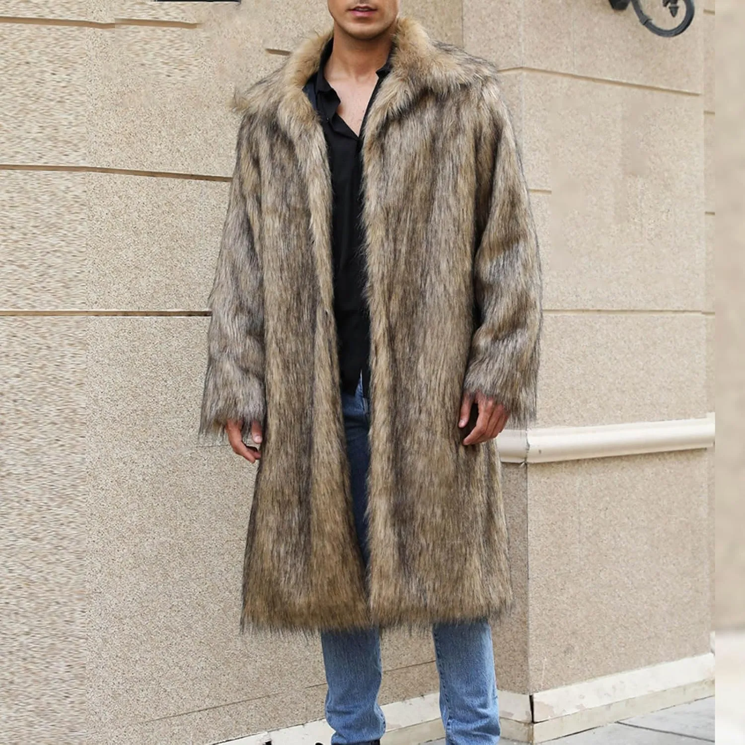 Mens Faux Fur Coat Warm Winter Long Jacket Fluffy Parka Overcoat Open Front Luxury Turn Collar Outerwear with Pockets