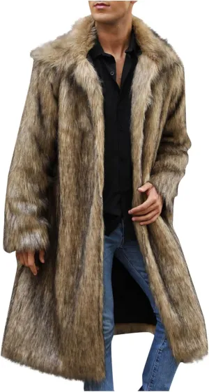 Mens Faux Fur Coat Warm Winter Long Jacket Fluffy Parka Overcoat Open Front Luxury Turn Collar Outerwear with Pockets