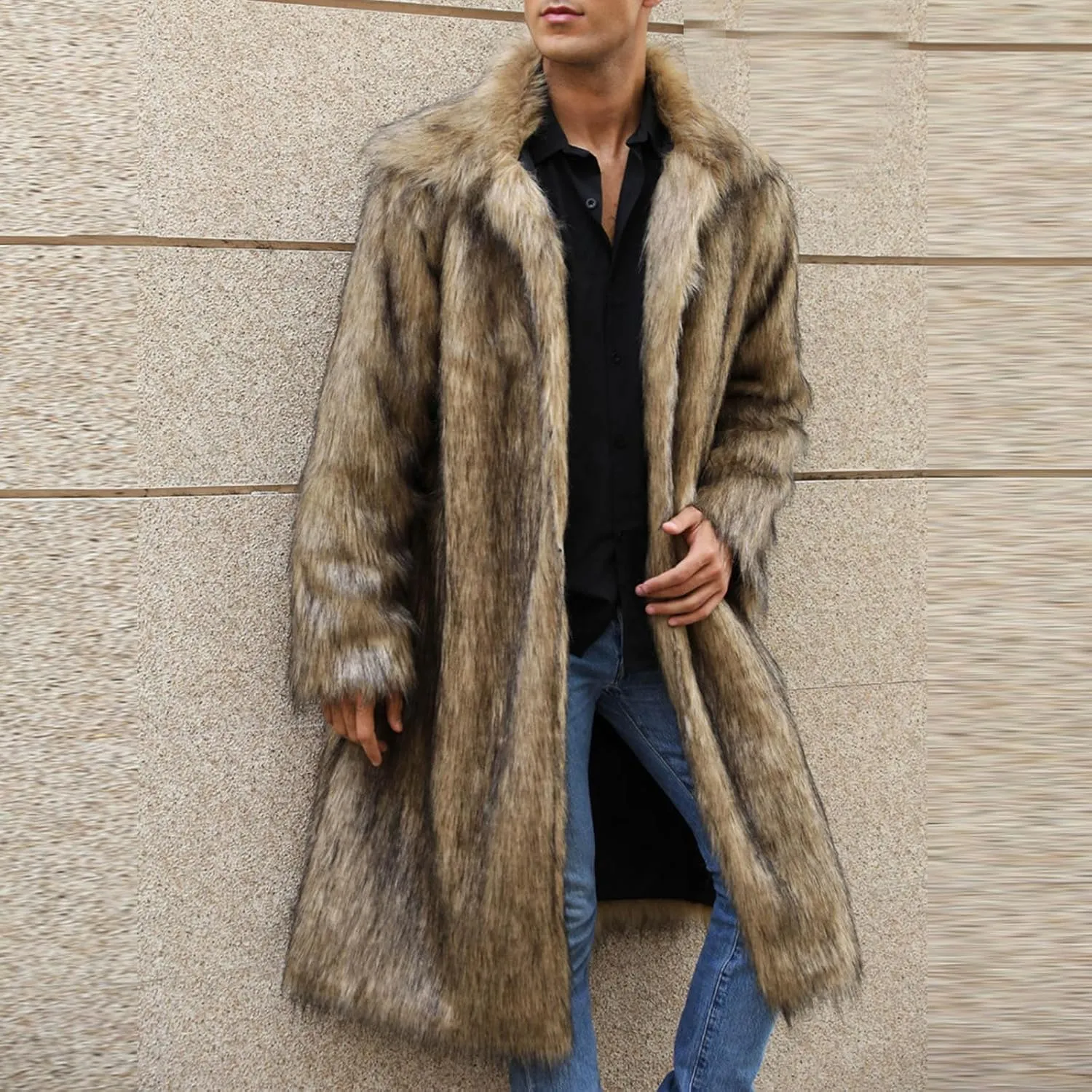 Mens Faux Fur Coat Warm Winter Long Jacket Fluffy Parka Overcoat Open Front Luxury Turn Collar Outerwear with Pockets