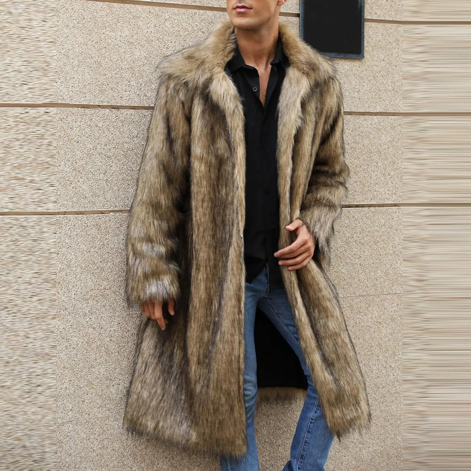 Mens Faux Fur Coat Warm Winter Long Jacket Fluffy Parka Overcoat Open Front Luxury Turn Collar Outerwear with Pockets