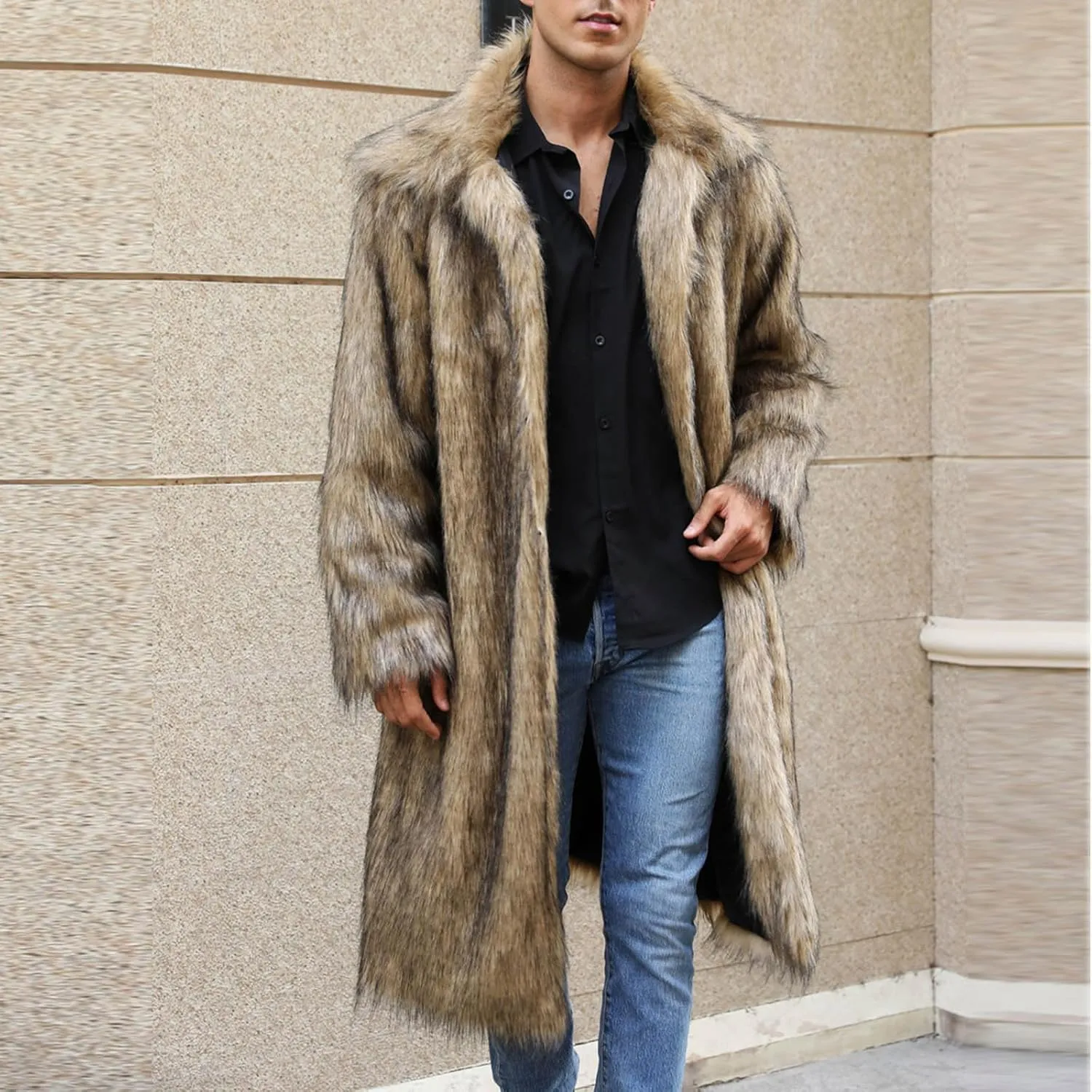 Mens Faux Fur Coat Warm Winter Long Jacket Fluffy Parka Overcoat Open Front Luxury Turn Collar Outerwear with Pockets