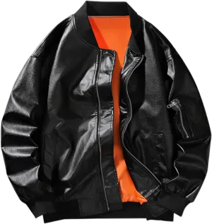 Mens Faux Leather Jacket Stand Collar Lined Motorcycle Bomber Coat Fall Winter Thermal Windbreaker with Elbow Pockets