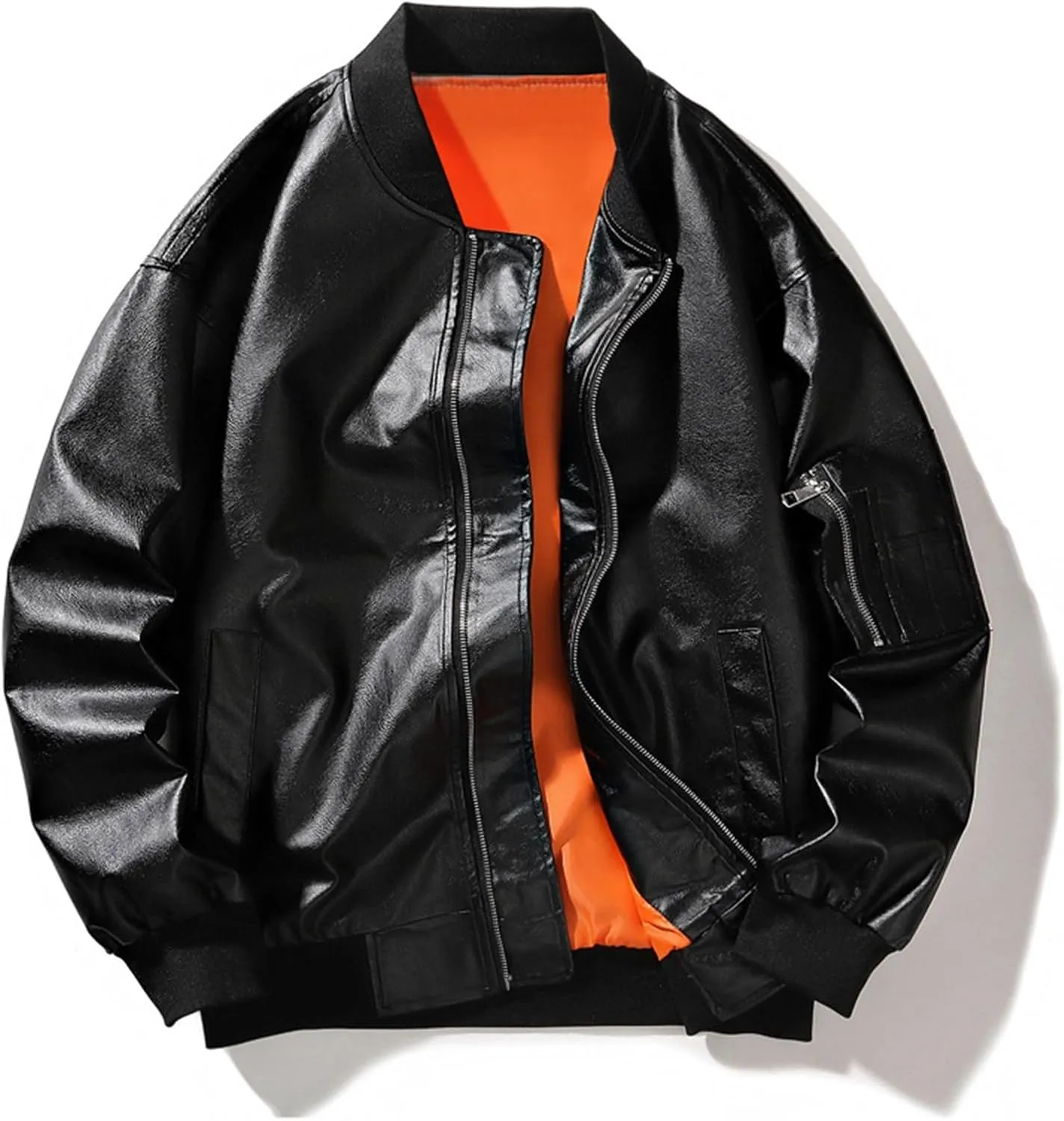 Mens Faux Leather Jacket Stand Collar Lined Motorcycle Bomber Coat Fall Winter Thermal Windbreaker with Elbow Pockets