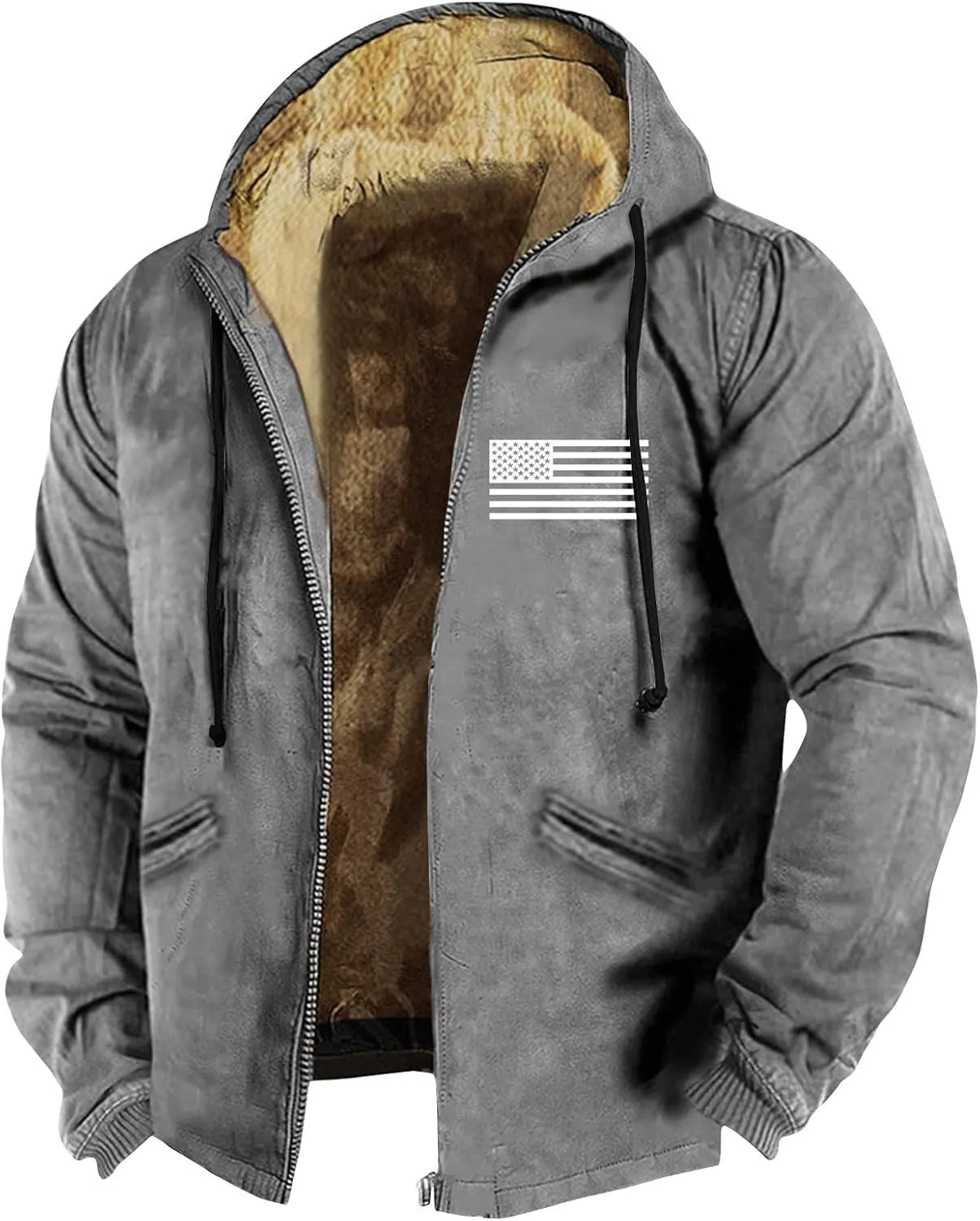 Men'S Fleece Jackets & Coats Heated Solid Color Flag Print Autumn Winter Casual Zipper Hooded Jacket