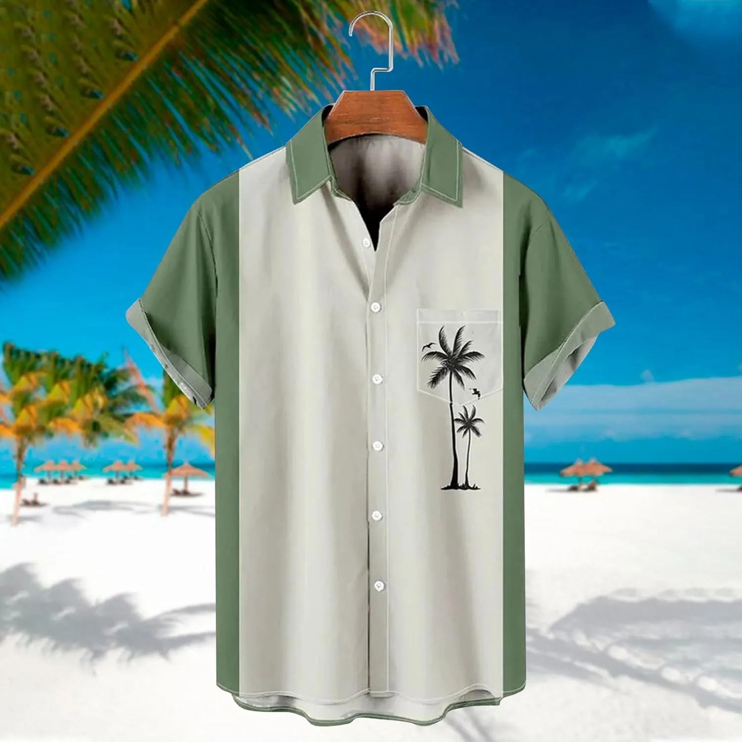 Men's Hawaiian Shirts Summer Palm Print Short Sleeve Button Down Bowling Shirt Trendy Business Office Smart Formal Top