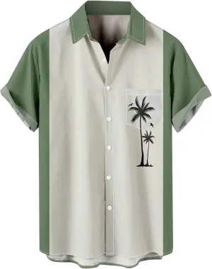 Men's Hawaiian Shirts Summer Palm Print Short Sleeve Button Down Bowling Shirt Trendy Business Office Smart Formal Top