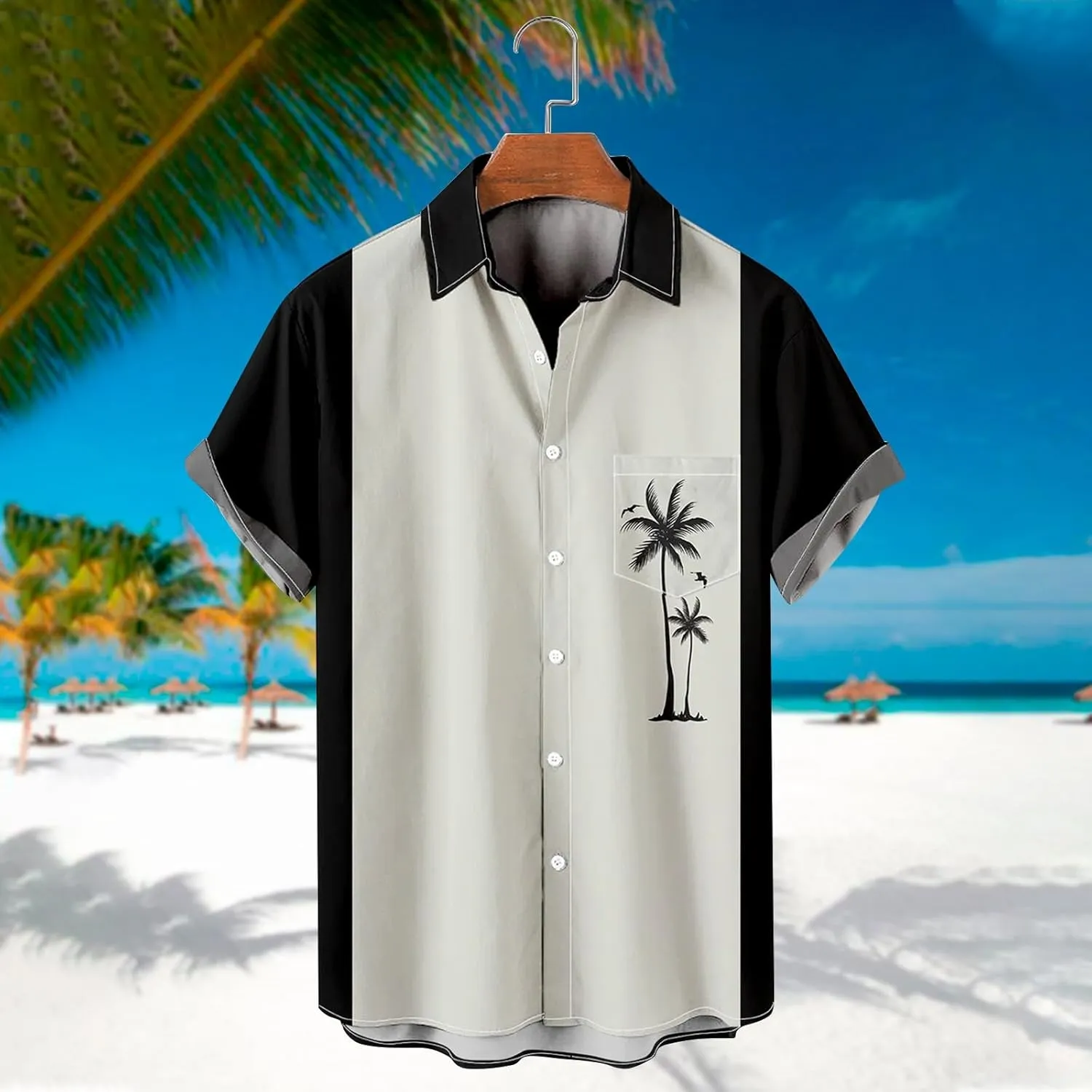 Men's Hawaiian Shirts Summer Palm Print Short Sleeve Button Down Bowling Shirt Trendy Business Office Smart Formal Top