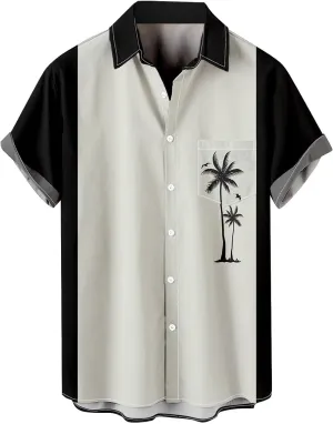 Men's Hawaiian Shirts Summer Palm Print Short Sleeve Button Down Bowling Shirt Trendy Business Office Smart Formal Top