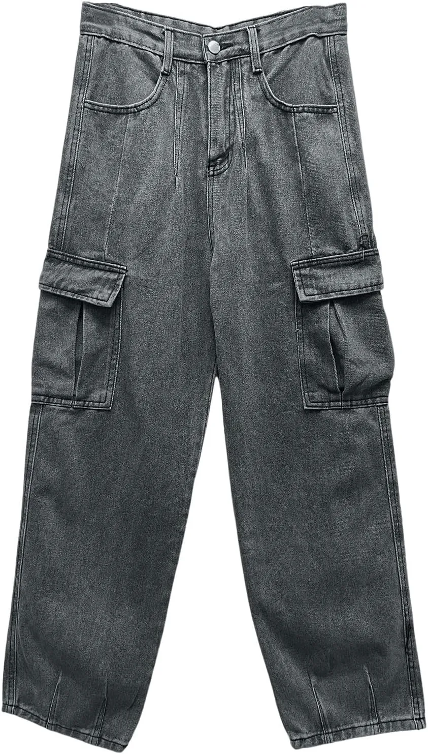 Men's Hip Hop Jeans Y2k Straight Legs Work Baggy Jean Casual Streetwear Relaxed Fit Wide Leg Cargo Denim Pants Trendy