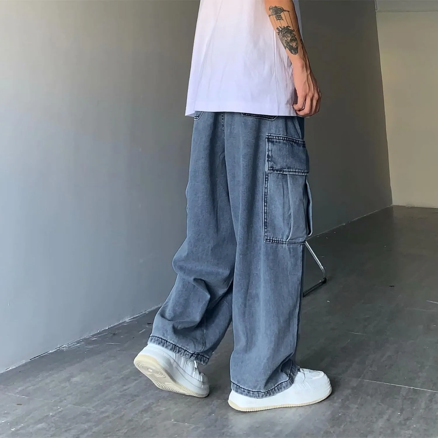 Men's Hip Hop Jeans Y2k Straight Legs Work Baggy Jean Casual Streetwear Relaxed Fit Wide Leg Cargo Denim Pants Trendy