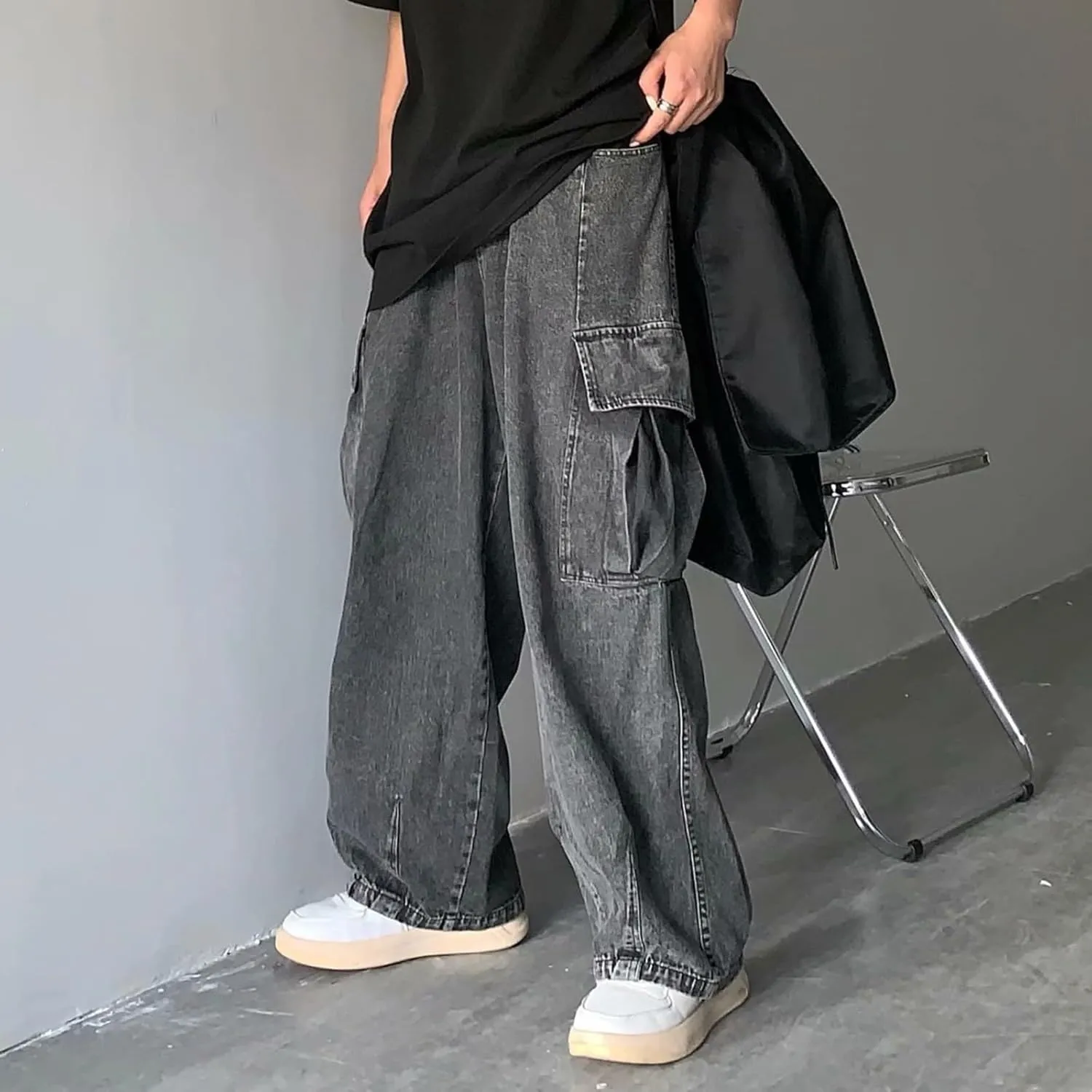 Men's Hip Hop Jeans Y2k Straight Legs Work Baggy Jean Casual Streetwear Relaxed Fit Wide Leg Cargo Denim Pants Trendy