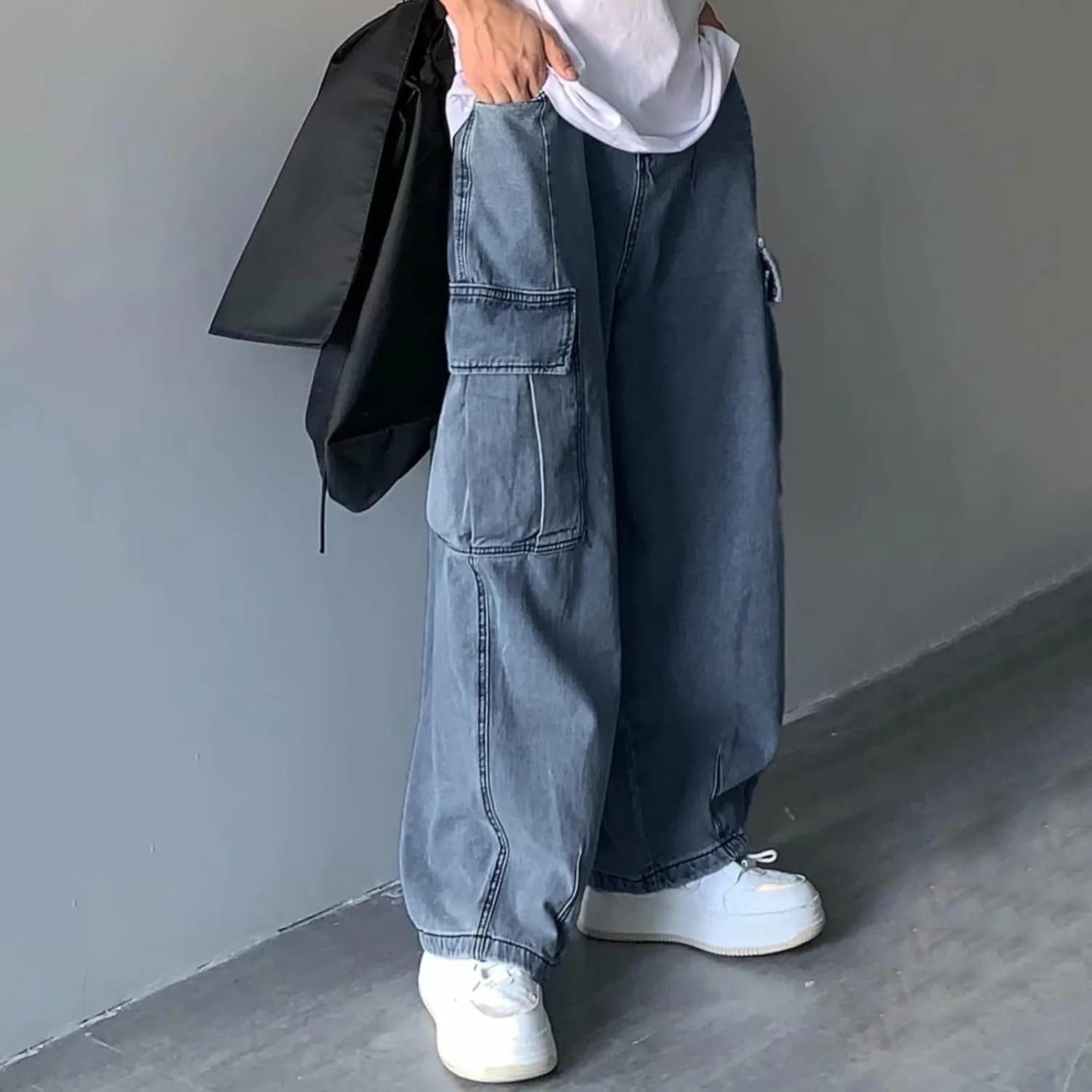 Men's Hip Hop Jeans Y2k Straight Legs Work Baggy Jean Casual Streetwear Relaxed Fit Wide Leg Cargo Denim Pants Trendy