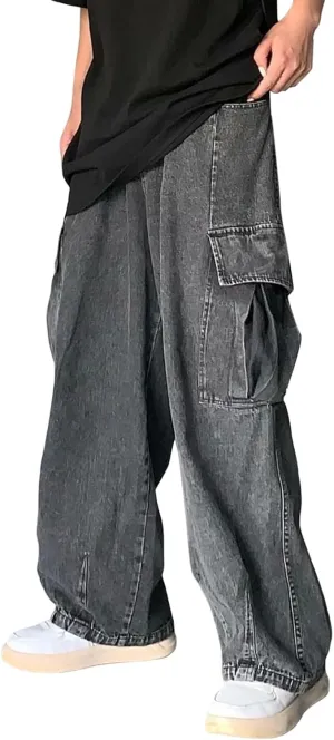 Men's Hip Hop Jeans Y2k Straight Legs Work Baggy Jean Casual Streetwear Relaxed Fit Wide Leg Cargo Denim Pants Trendy