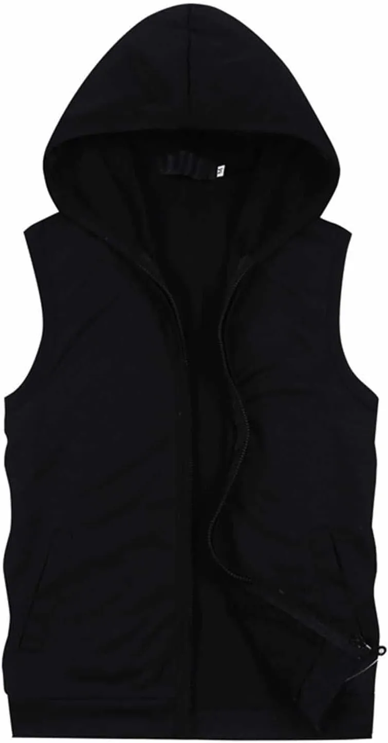 Men's Hooded Workout Tank Top Full Zip Sleeveless Gym Shirts Muscle Cut Off T Shirt Bodybuilding Hoodies Rash Guard