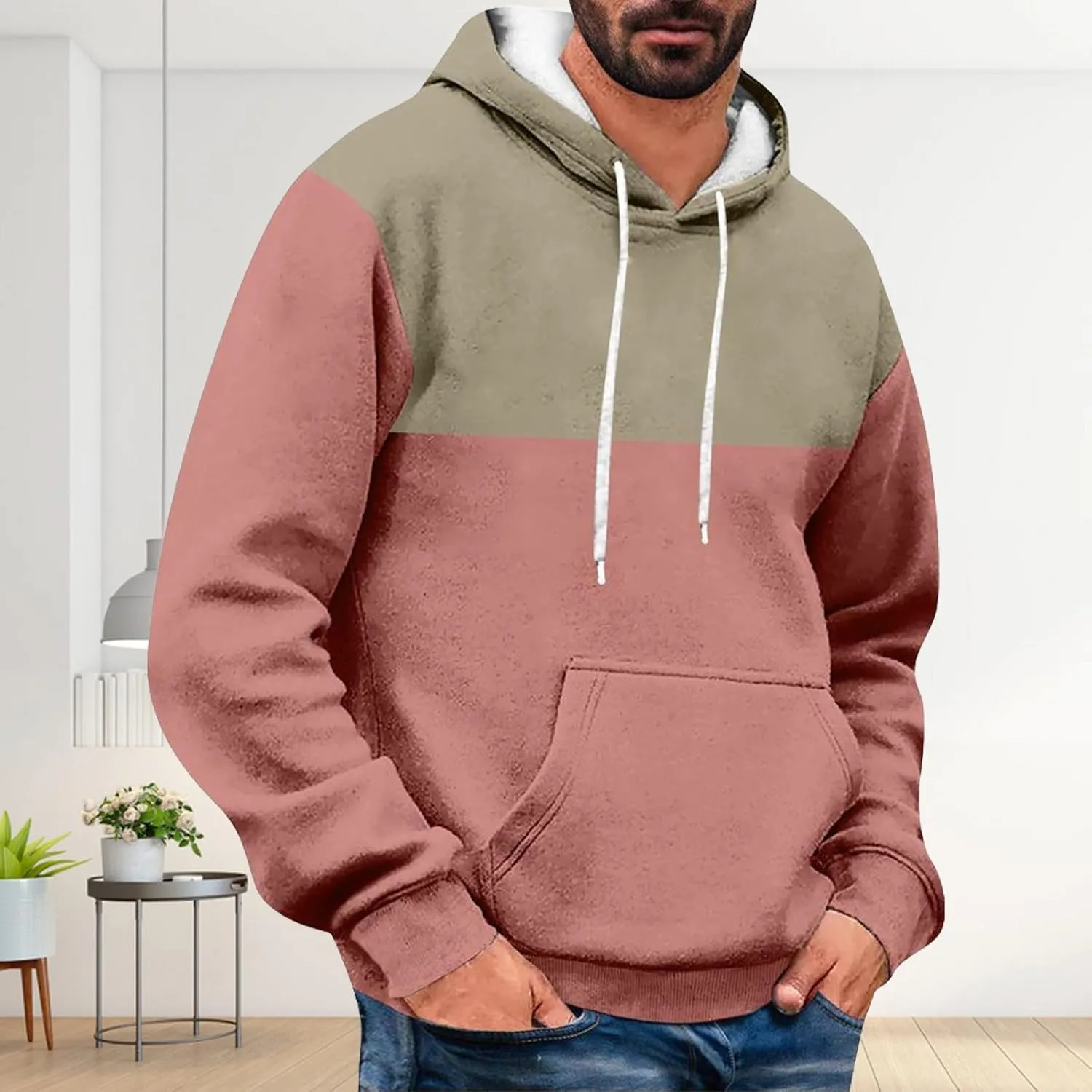 Mens Hoodies Pullover Color Block Drawstring Hooded Sweatshirts Plus Size Trendy Spring Shirt Long Sleeve Fashion Top