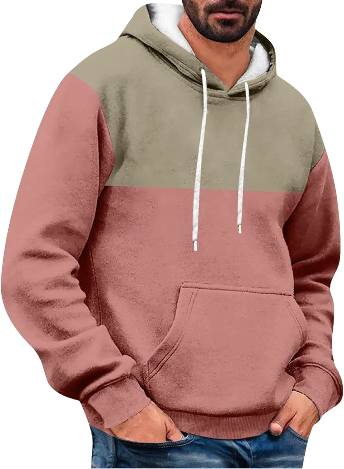 Mens Hoodies Pullover Color Block Drawstring Hooded Sweatshirts Plus Size Trendy Spring Shirt Long Sleeve Fashion Top