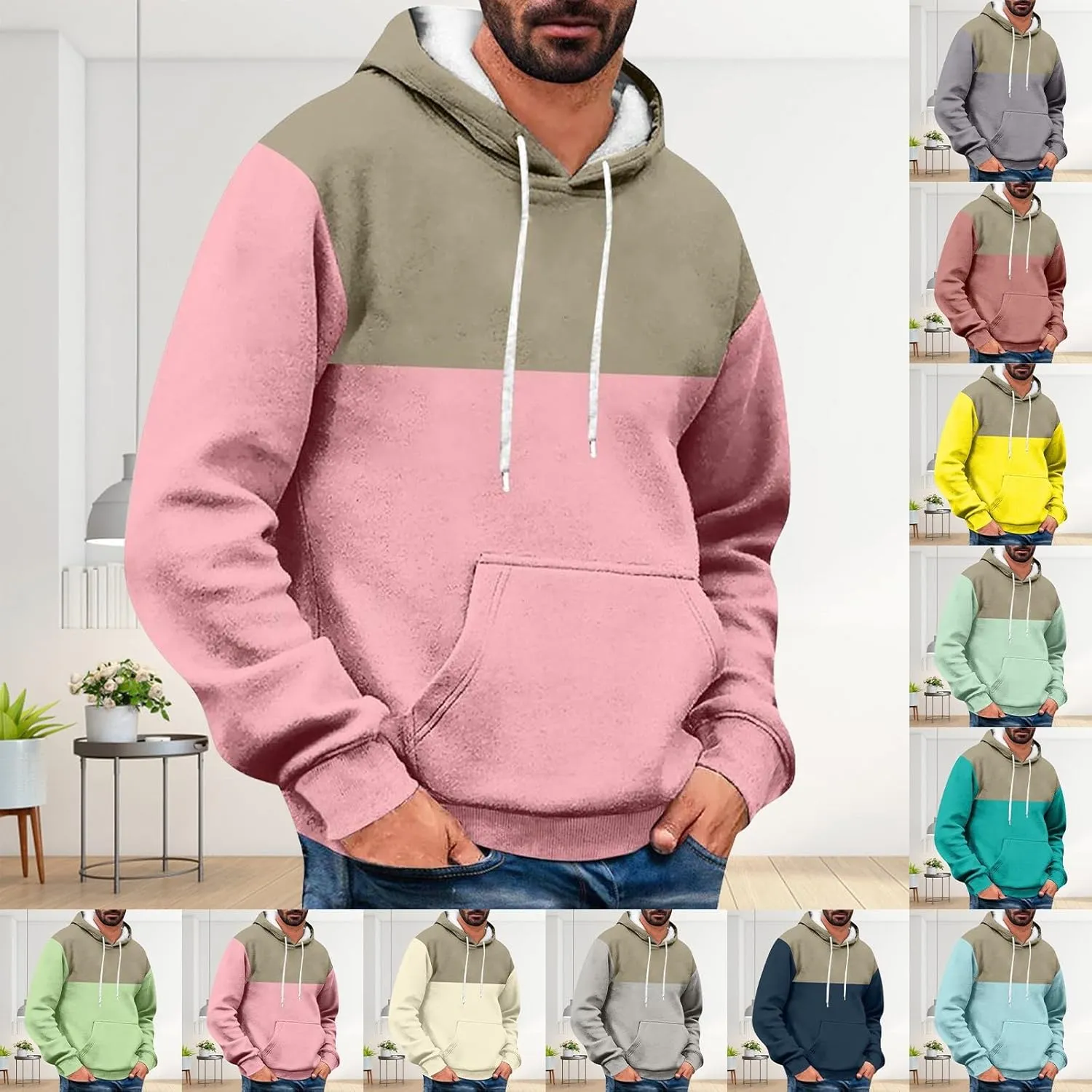 Mens Hoodies Pullover Color Block Drawstring Hooded Sweatshirts Plus Size Trendy Spring Shirt Long Sleeve Fashion Top