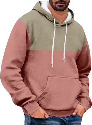 Mens Hoodies Pullover Color Block Drawstring Hooded Sweatshirts Plus Size Trendy Spring Shirt Long Sleeve Fashion Top
