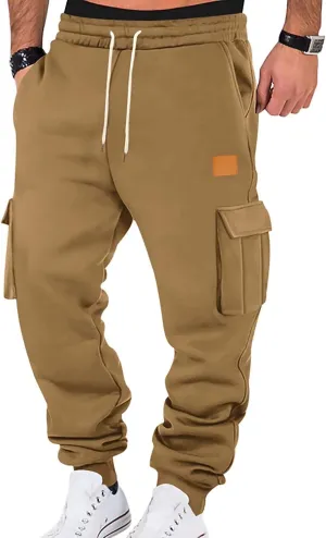 Mens Joggers with Pockets Drawstring Waist Heavyweight Sweatpants Baggy Winter Casual Fleece Lined Cargo Pants