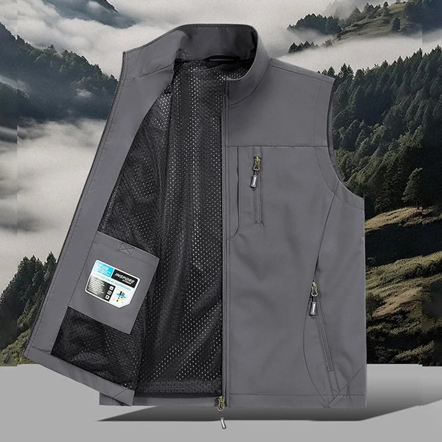 Men's Lightweight Vest Zipper Softshell Sleeveless Quick Dry Jacket Multi Pcokets Cycling Travel Hiking Running Golf
