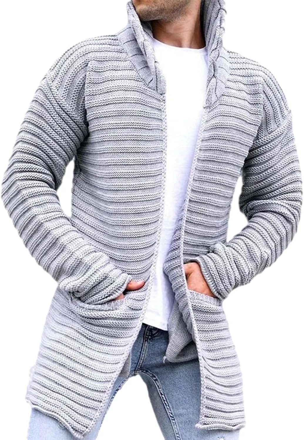 Mens Long Sleeve Stand Collar Knitted Cardigan Sweaters Slim Fit Open Front Mid Length Pockets Drape Cape Overcoats