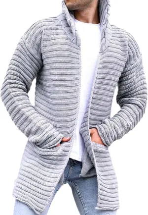 Mens Long Sleeve Stand Collar Knitted Cardigan Sweaters Slim Fit Open Front Mid Length Pockets Drape Cape Overcoats